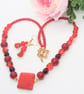 Red Beaded Necklace with Red Tile Pendant and Earrings Set, Gift for Her - Image 1