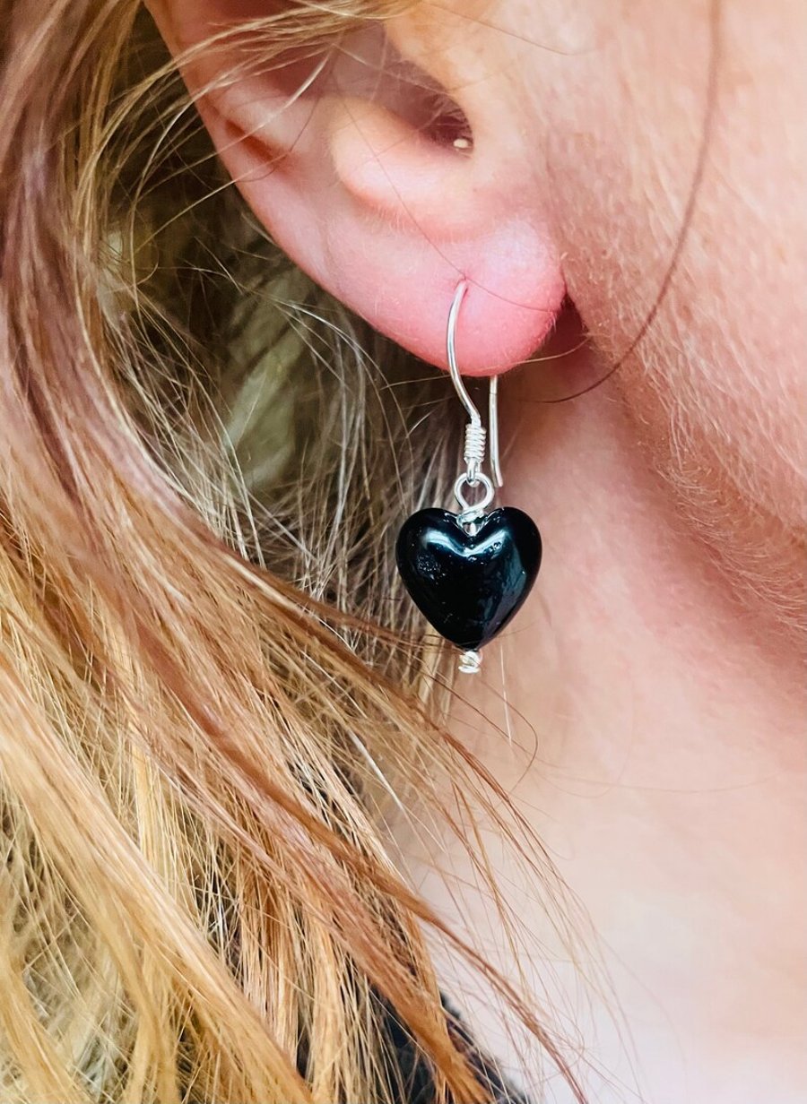 Black Glass Puffed Heart Earrings 