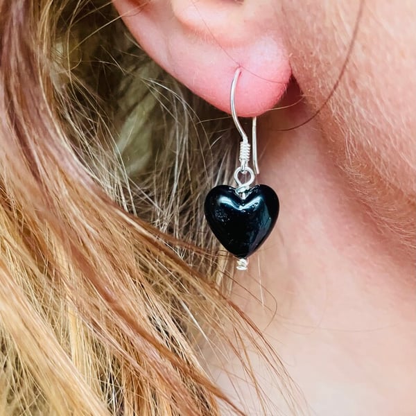 Black Glass Puffed Heart Earrings 