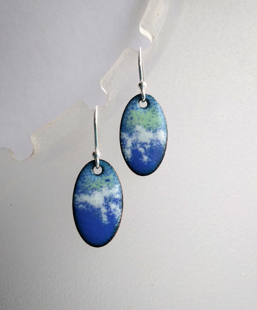 Green and blue oval earrings in enamelled copper 234