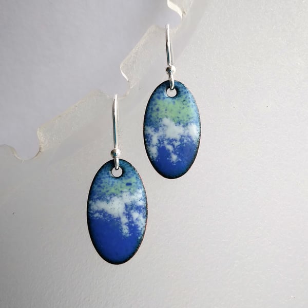 Green and blue oval earrings in enamelled copper 234