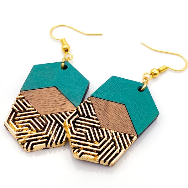 Modern Geometric Wooden Earrings in Teal & Gold - Art Deco Hexagon Design