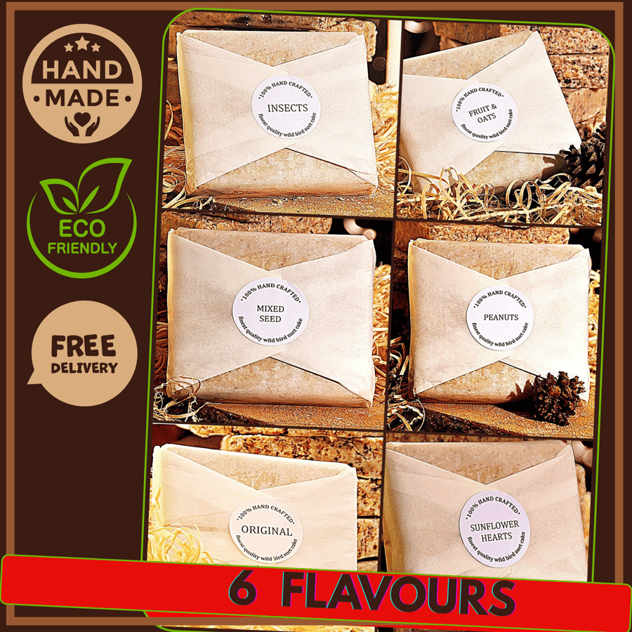 Pack of 6 Luxury handcrafted & wrapped Suet Fat Blocks for garden birds