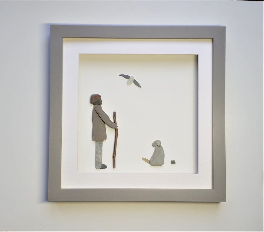 Pebble Art Lady and Dog, Unusual Gift for Dog Lovers, Christmas Gift Idea
