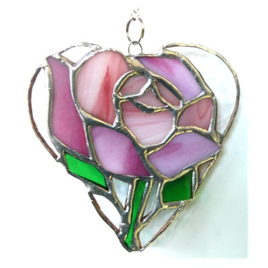 Pink Rose Heart Suncatcher Stained Glass 027