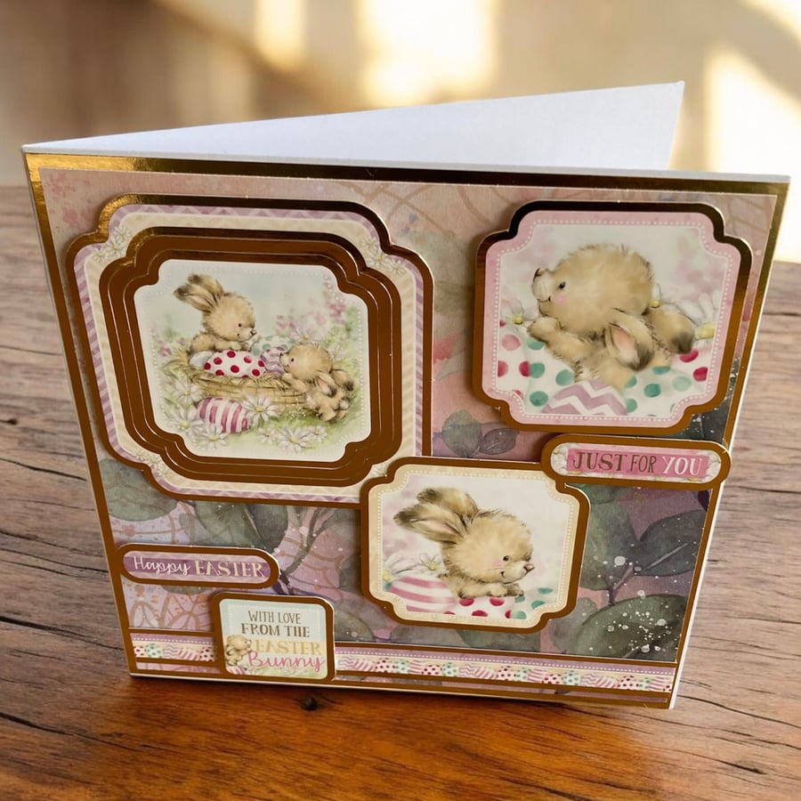 Decoupage Easter Card. Cute Bunny & Gold Foil Details. Luxury Easter Card