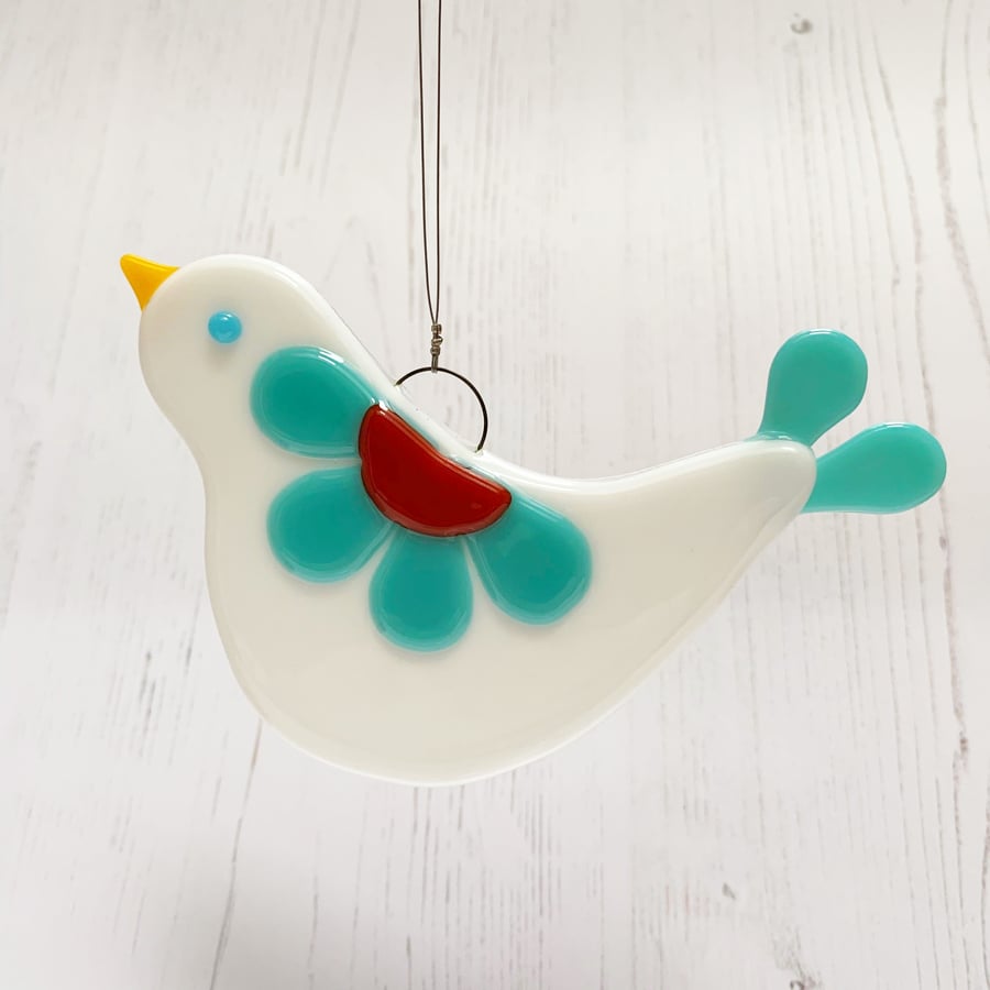 Fused Glass Turquoise Retro Flower Bird Hanging - Handmade Glass Decoration