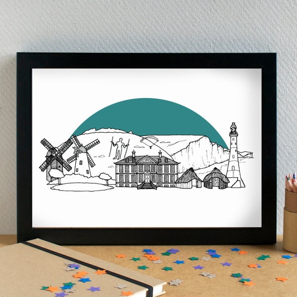South Downs Landmarks Skyline Art Print