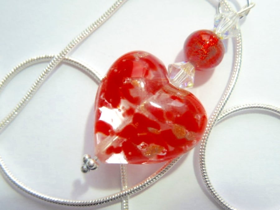 Murano glass red heart pendant with Swarovski crystal and sterling silver.