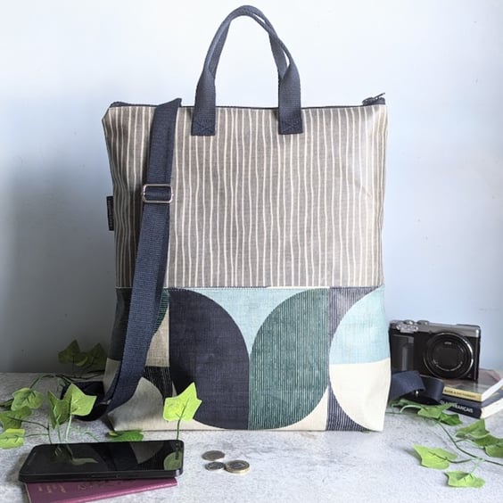 Backpack - Blue Geometric Print Backpack with Navy Straps