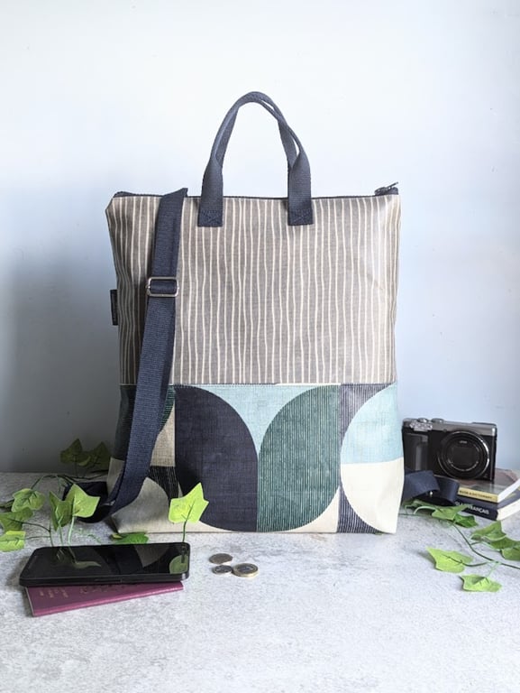 Backpack - Blue Geometric Print Backpack with Navy Straps