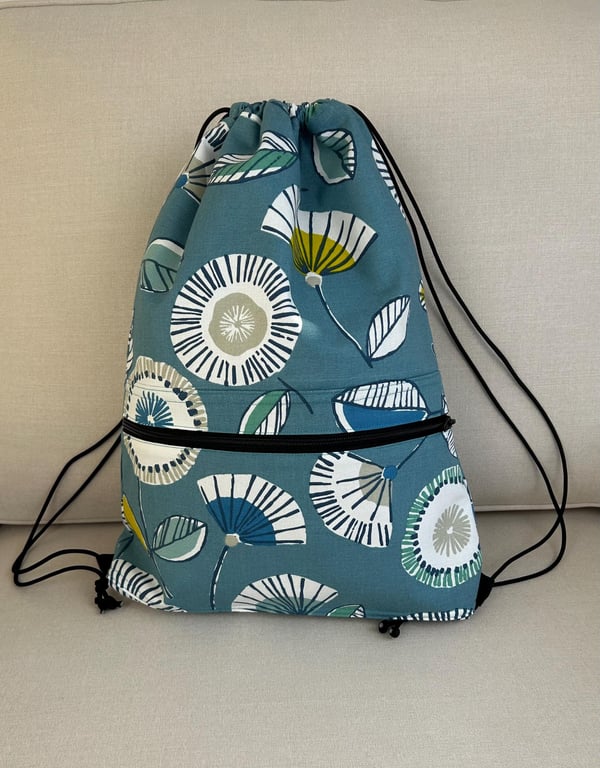 Teal Drawstring Backpack, Abstract Flowers shoulder Bag, Gym Bag Women,