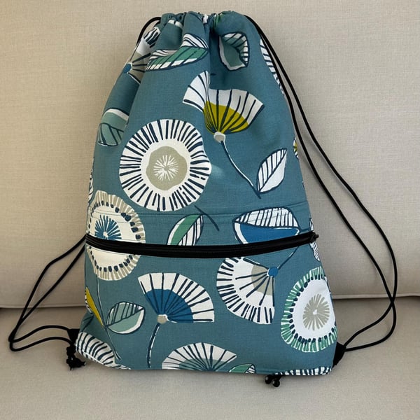 Teal Drawstring Backpack, Abstract Flowers shoulder Bag, Gym Bag Women,