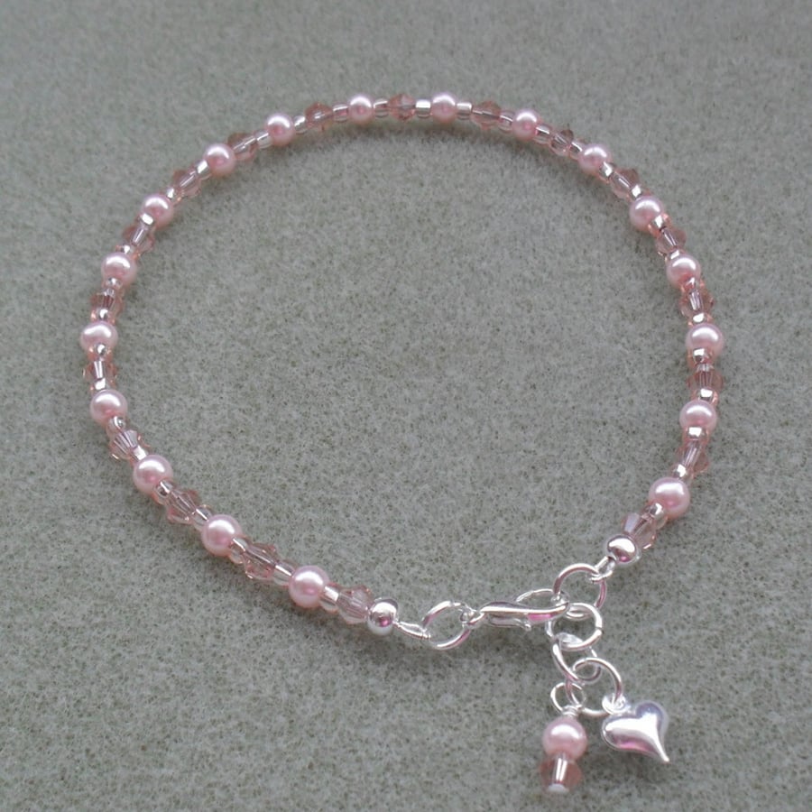 Pink Glass Pearl and Crystal Beaded Anklet 