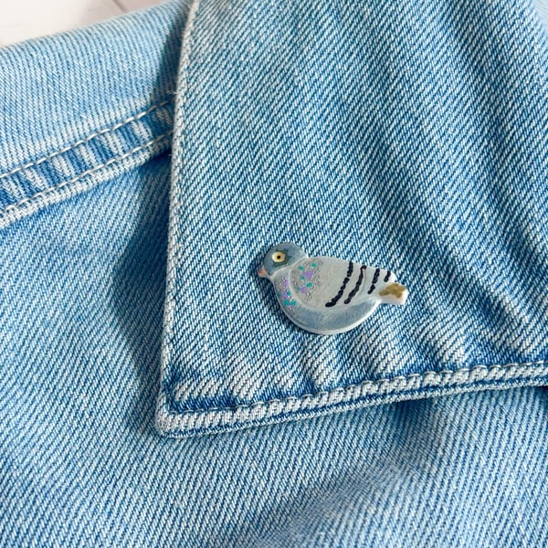 Handmade Bird Pin, Gift for Bird Lover, Miniature Clay Tit & Pigeon Art