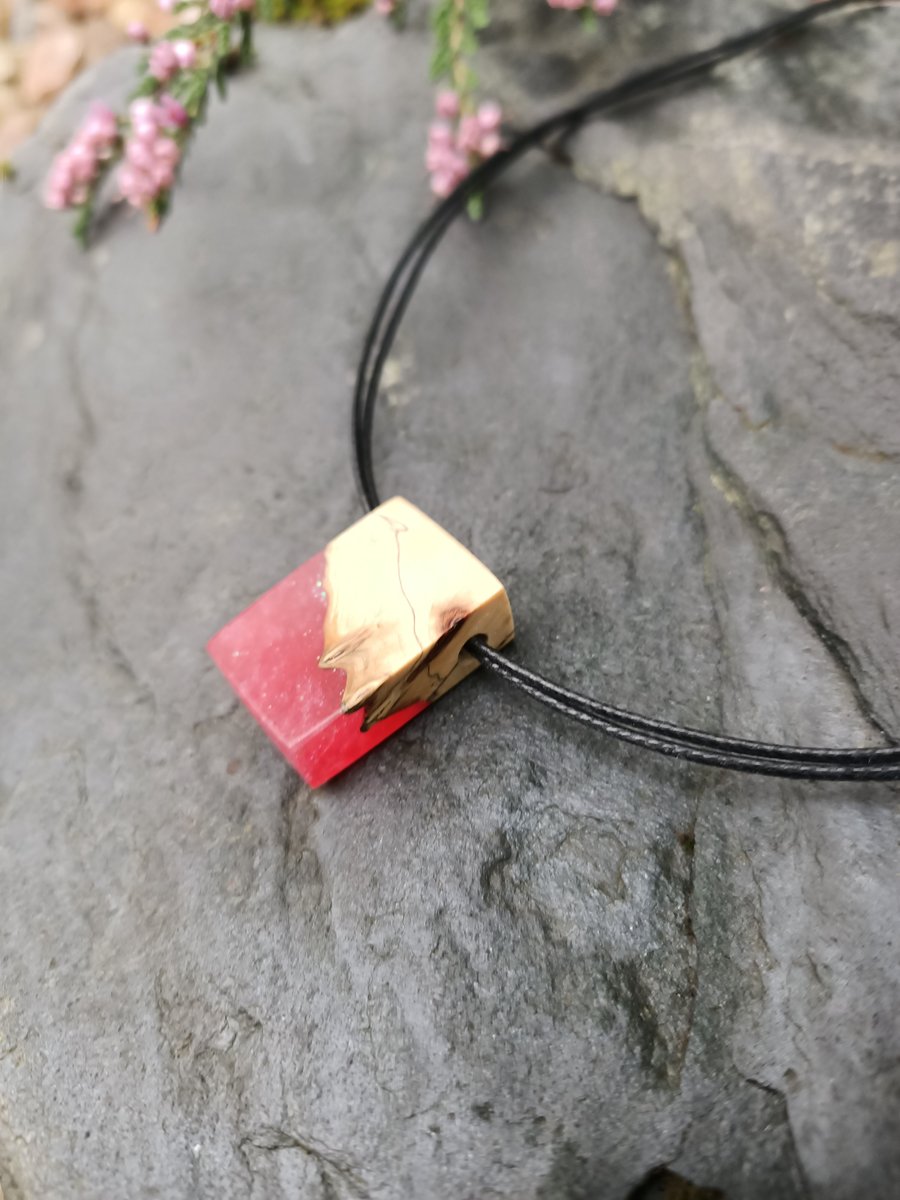 Wood and pink resin pendant necklace double strand jewellery alternative