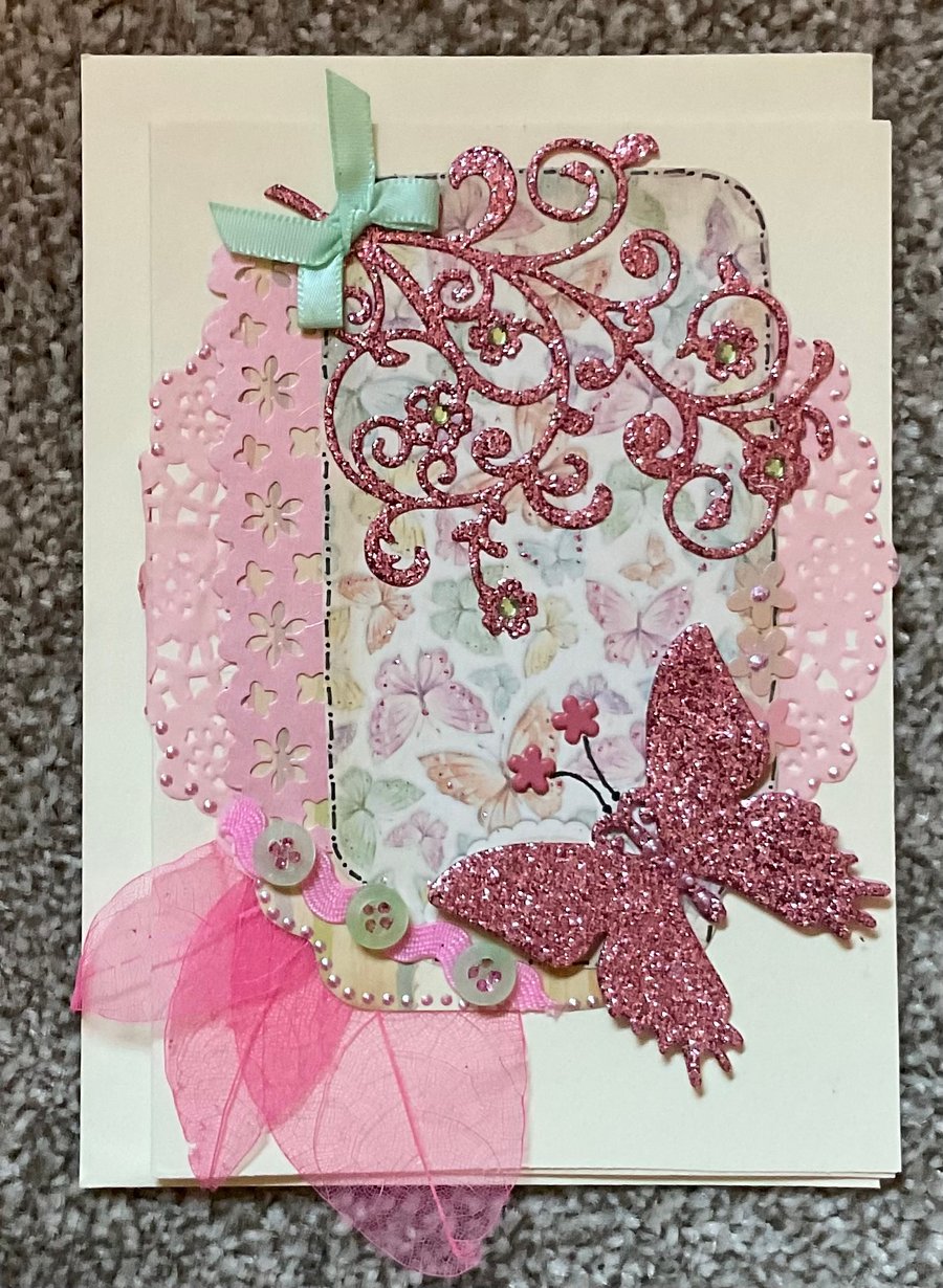 Hand crafted greetings card butterfly floral theme
