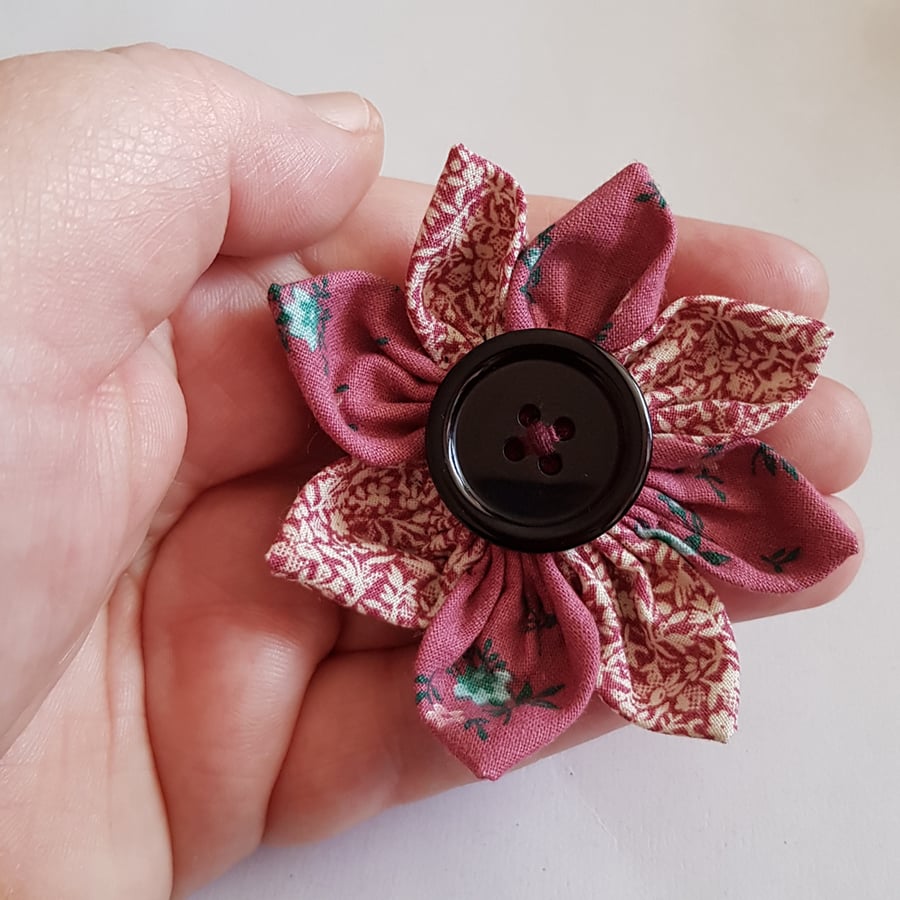 Rose Pink Fabric Flower Hair Clip with Black Button - One Off Floral Design