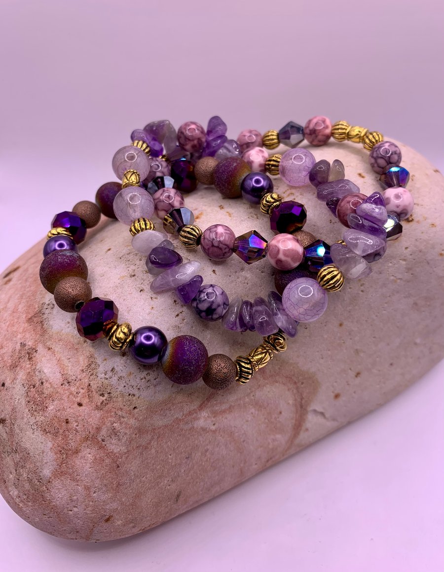 Layered Bracelets in Amethyst, Druzy & Gemstone in Shades of Purple