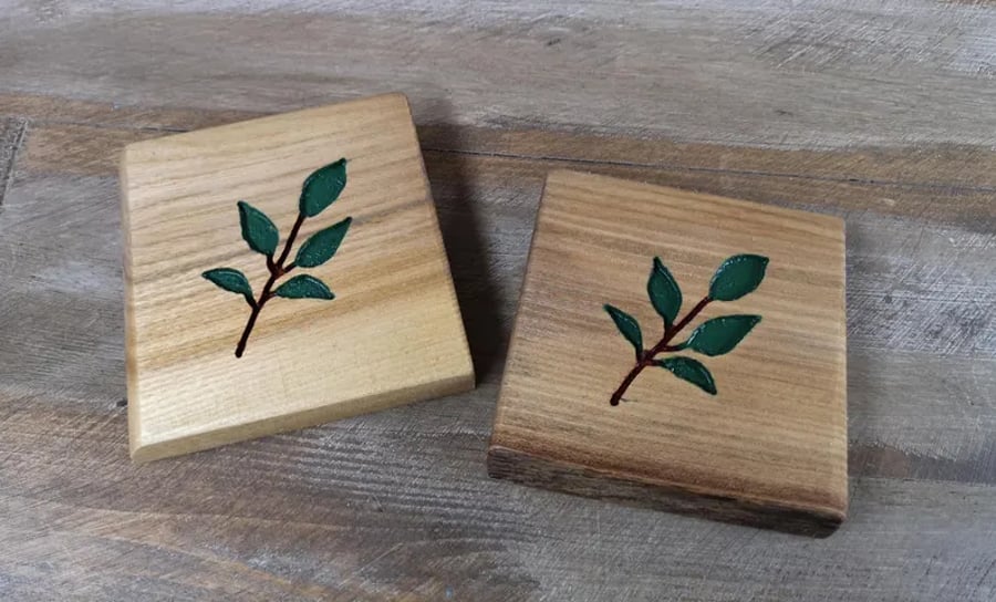 2 X Hand Made Oak Leaf Hand Routered Coasters