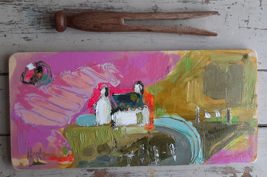 Pink Sky semi abstract cottage painting 