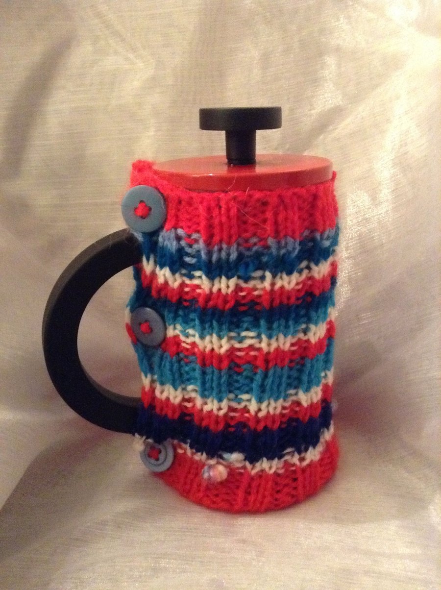 Small stripy knitted Cafetiere cosy 