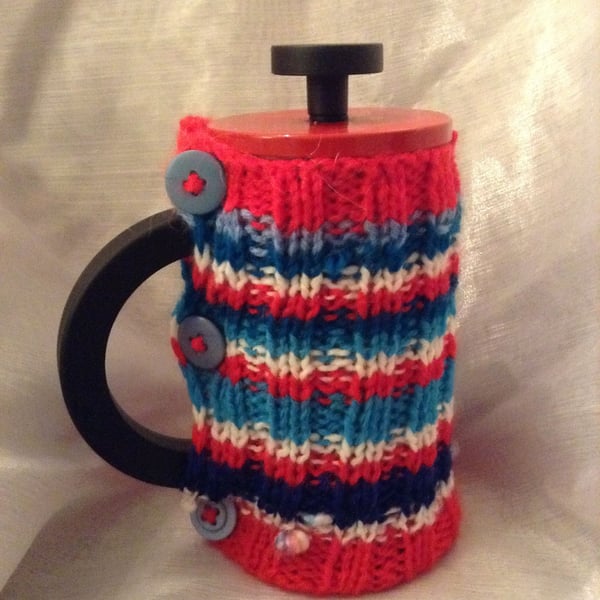 Small stripy knitted Cafetiere cosy 
