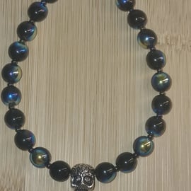 Silver Skull bracelet with metallic black bead
