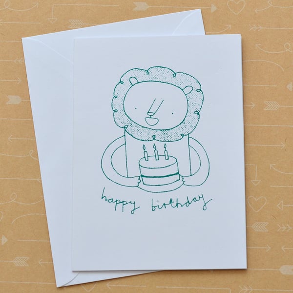 Lion & Cake - Hand Screen Printed Happy Birthday Card