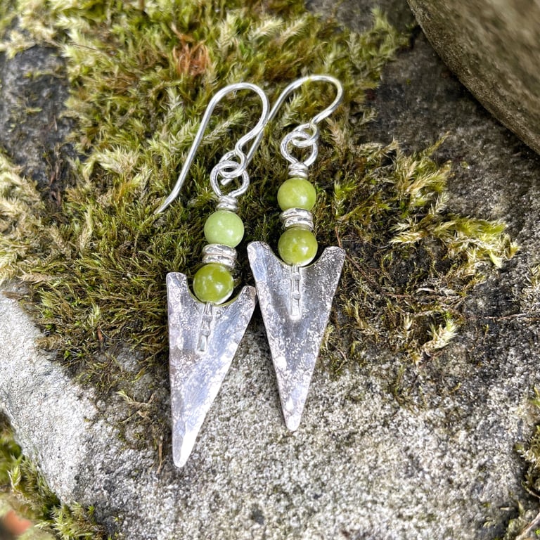 silver arrowhead tribal earrings with green serpentine beads