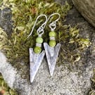 silver arrowhead tribal earrings with green serpentine beads