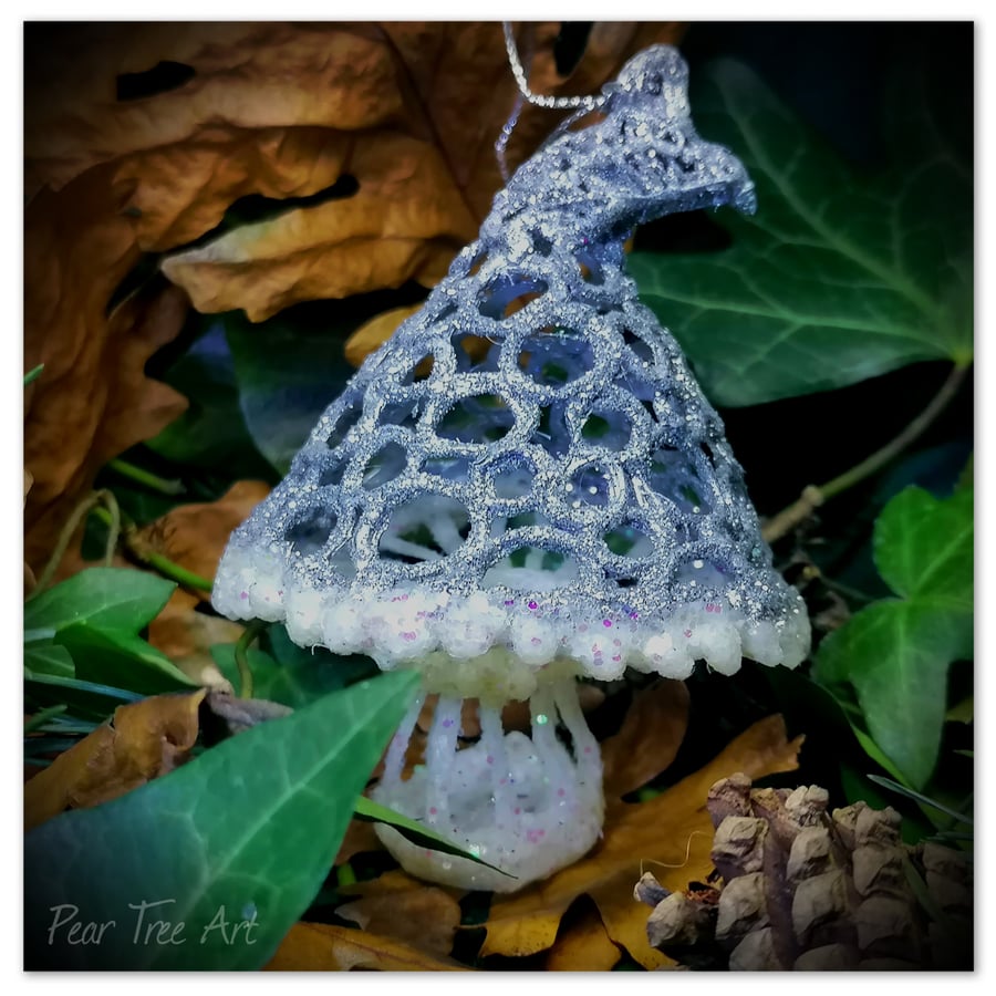 Silver Toadstool Christmas tree decoration