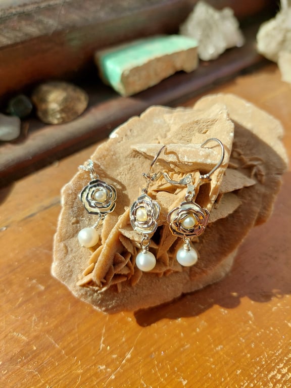 Sterling Silver and Cultured Pearl Rose Necklace and Earrings Set
