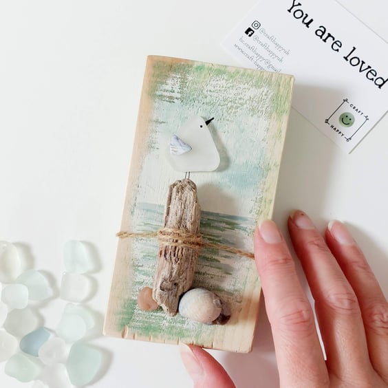 Sea Glass Seagull Wall Art on Reclaimed Wood, Beach Finds Quirky Home Decor