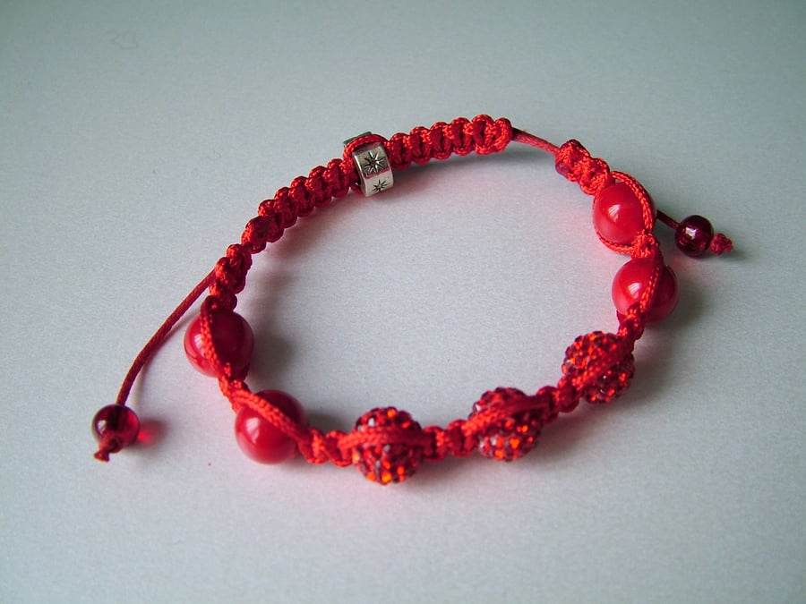 Bright Red Mashan Jade Shamballa Style Bracelet - Handmade - Genuine Gemstone