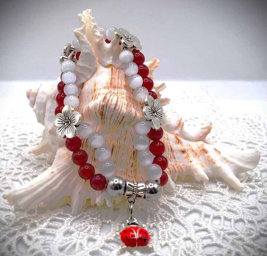 Selenite and Jade Double Bracelet with Ladybird Charm.  Free UK Postage