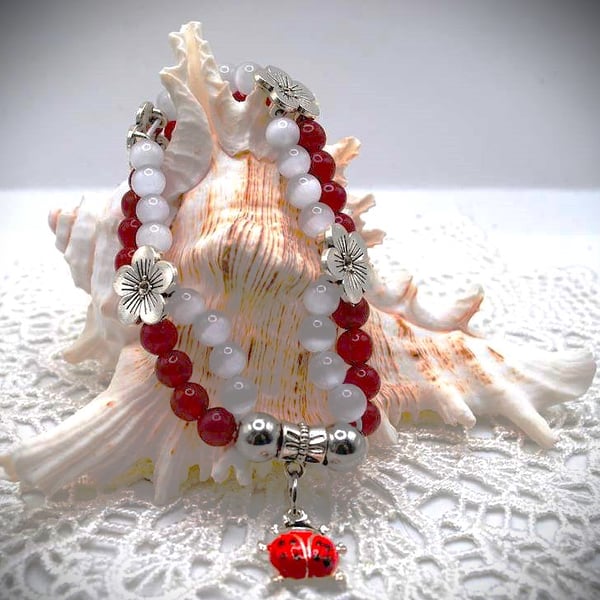 Selenite and Jade Double Bracelet with Ladybird Charm.  Free UK Postage