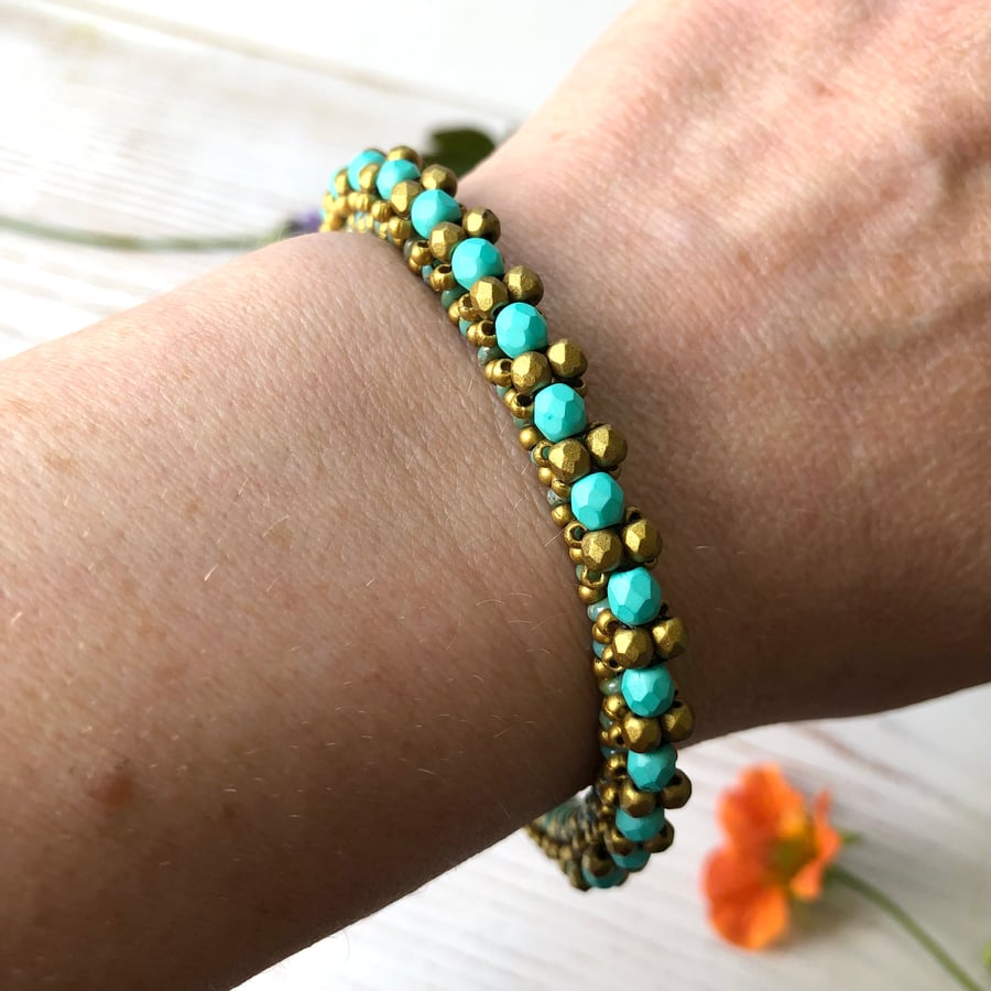 Turquoise & Gold Beadwork Bangle Bead Woven Beaded Bracelet.