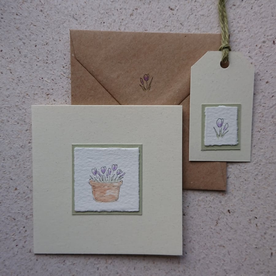 Card - Crocus in a pot - original drawing - blank inside - recycled