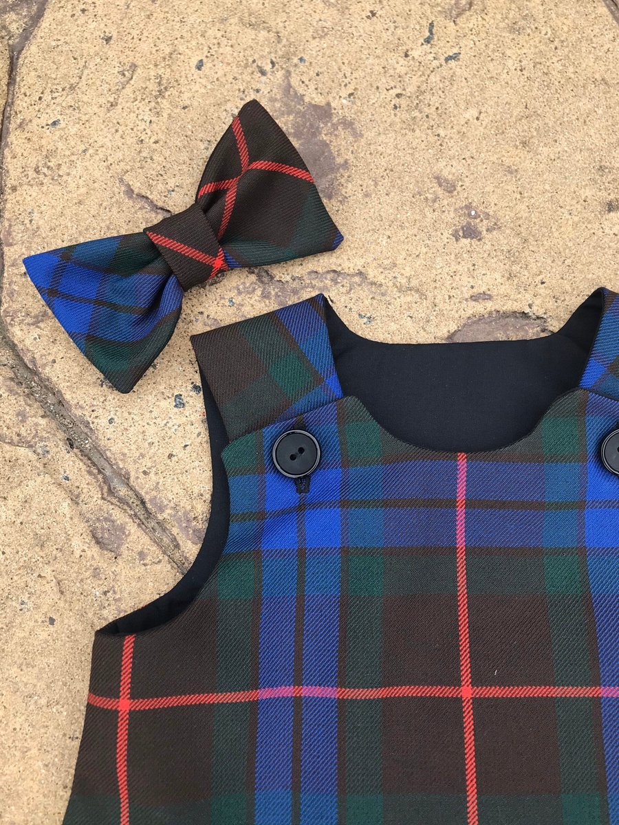 Fraser Ancient Hunting Tartan Pinafore Dress and Hair Bow