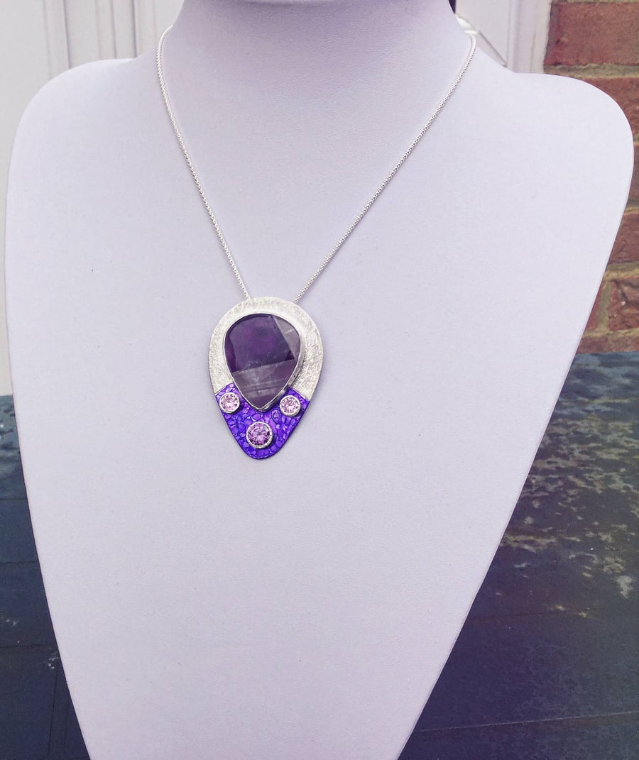 Purple Banded Agate Pear Teardrop Pendant Necklace