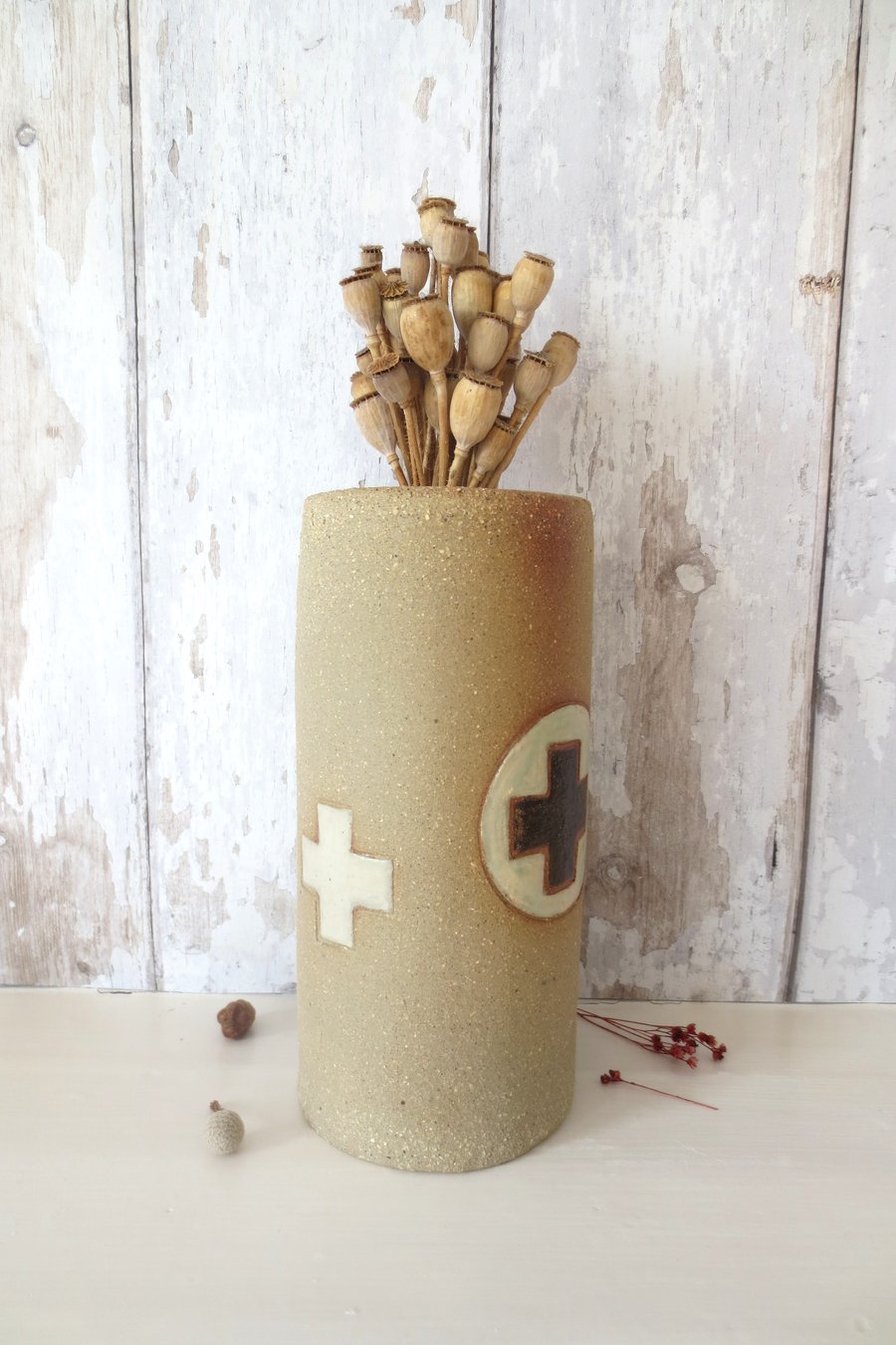 Hand-built stoneware pottery vase with cross motifs