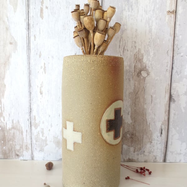 Hand-built stoneware pottery vase with cross motifs
