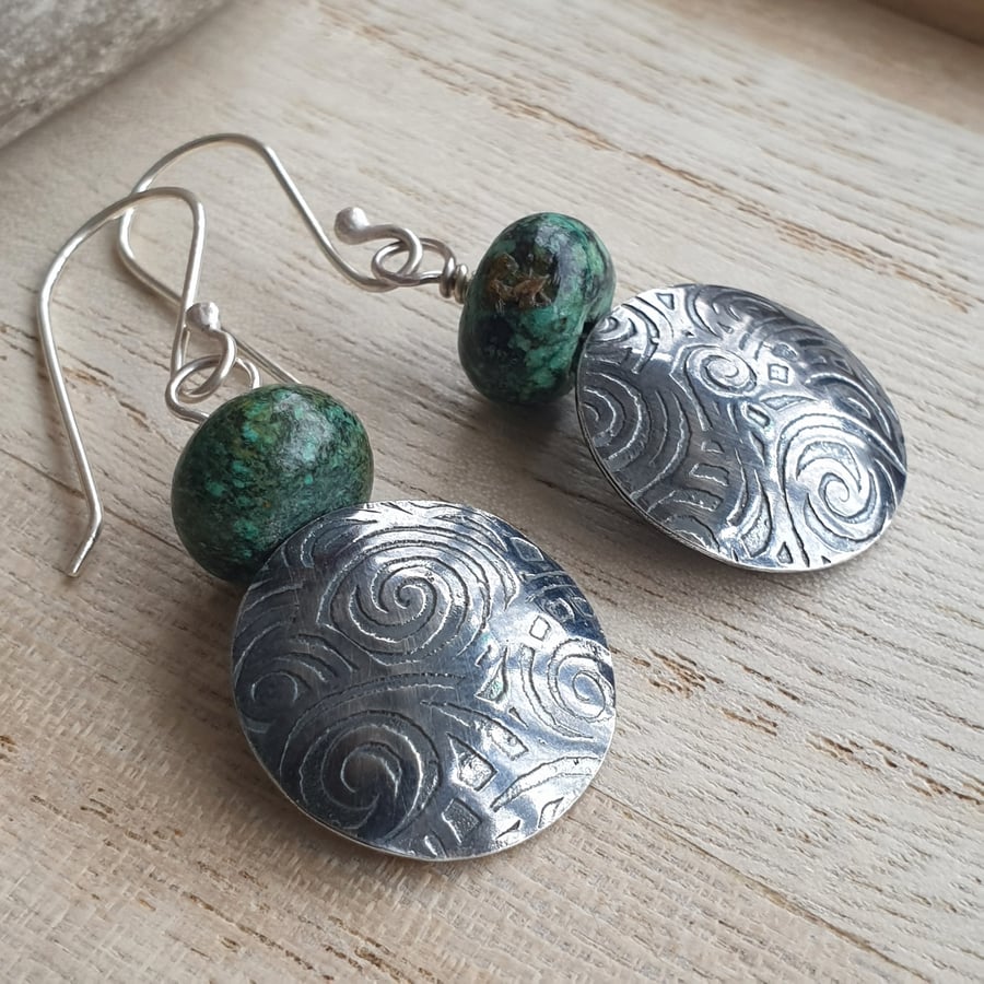 Silver spiral earrings, African turquoise, Disc earrings