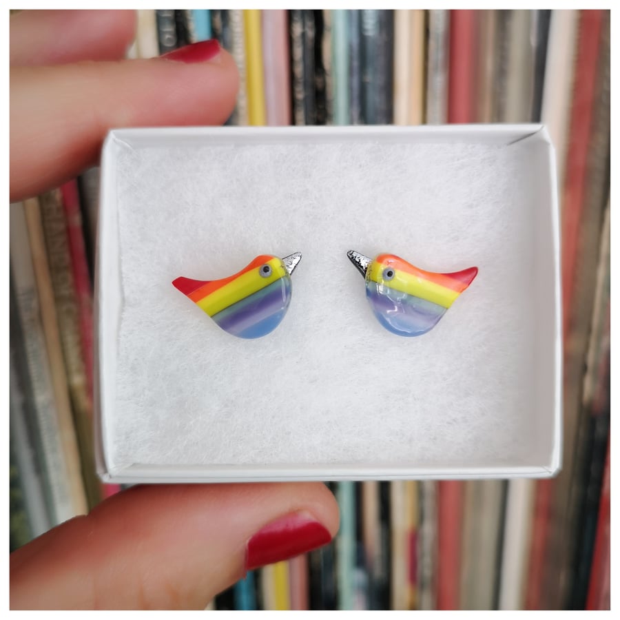 little 'Rainbow Wren of Hope' glass bird earrings with a cute silver beak