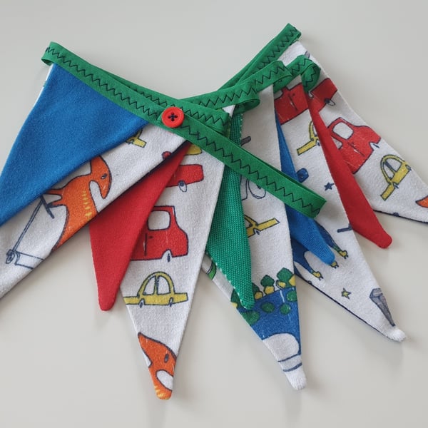 Bright Dinosaurs, Green, Red and Blue Bunting on Green Binding