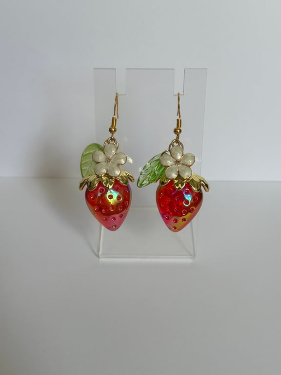 Beautiful strawberry drop dangle earrings with leaves and white flowers