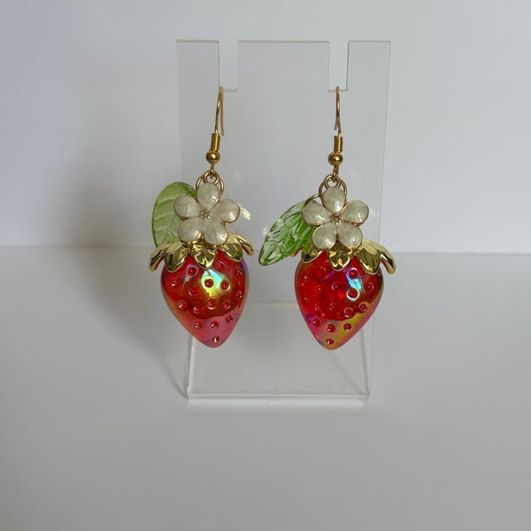 Beautiful strawberry drop dangle earrings with leaves and white flowers
