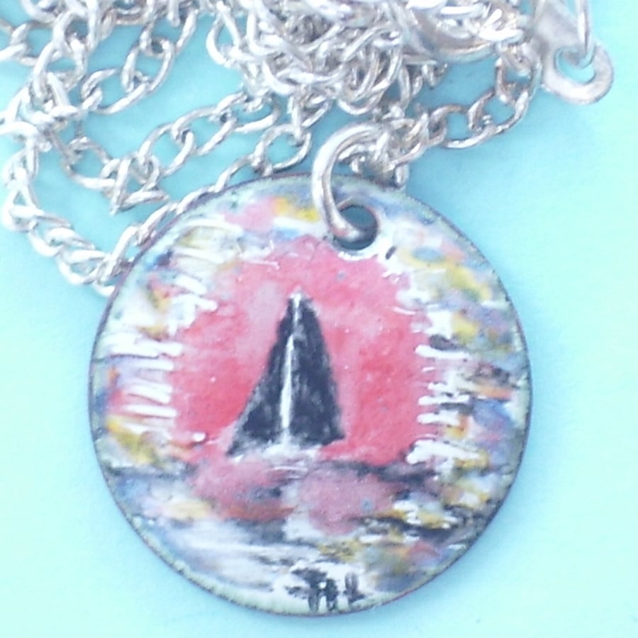 sunset at sea painted enamel pendant Folksy