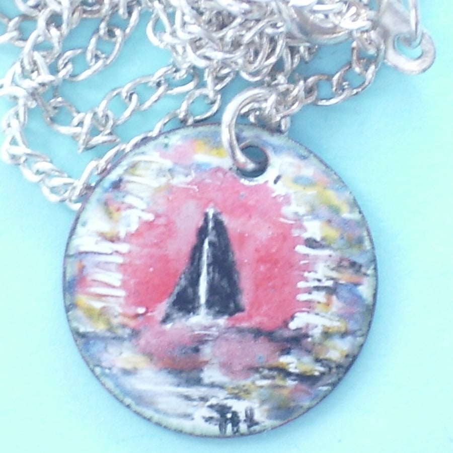 sunset at sea - painted enamel pendant